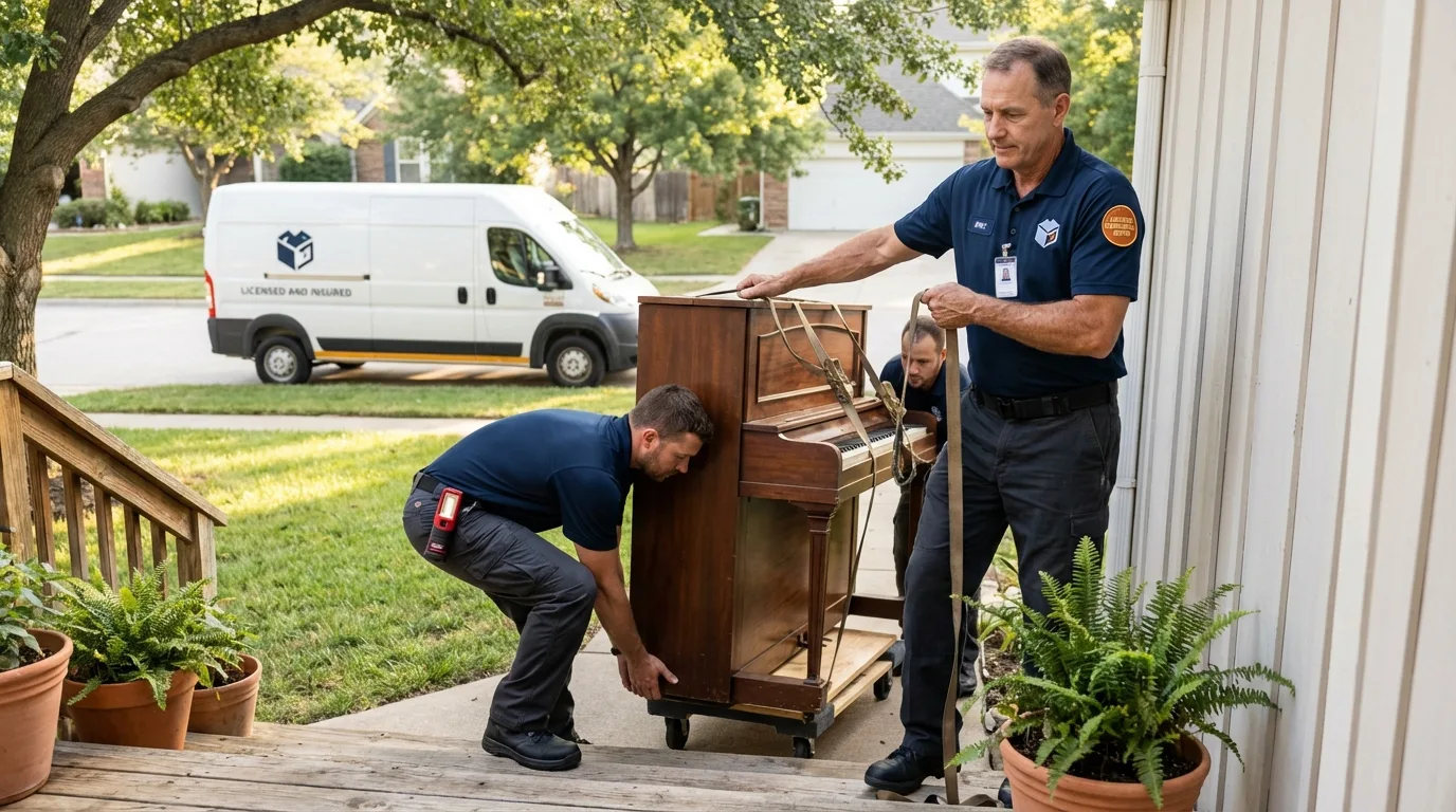 Licensed piano movers securing grand piano in Linden, AL