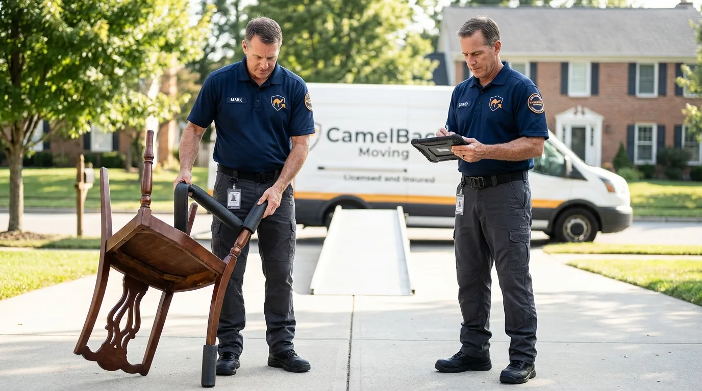 Movers inspecting furniture for damage prevention before loading in Linden, AL