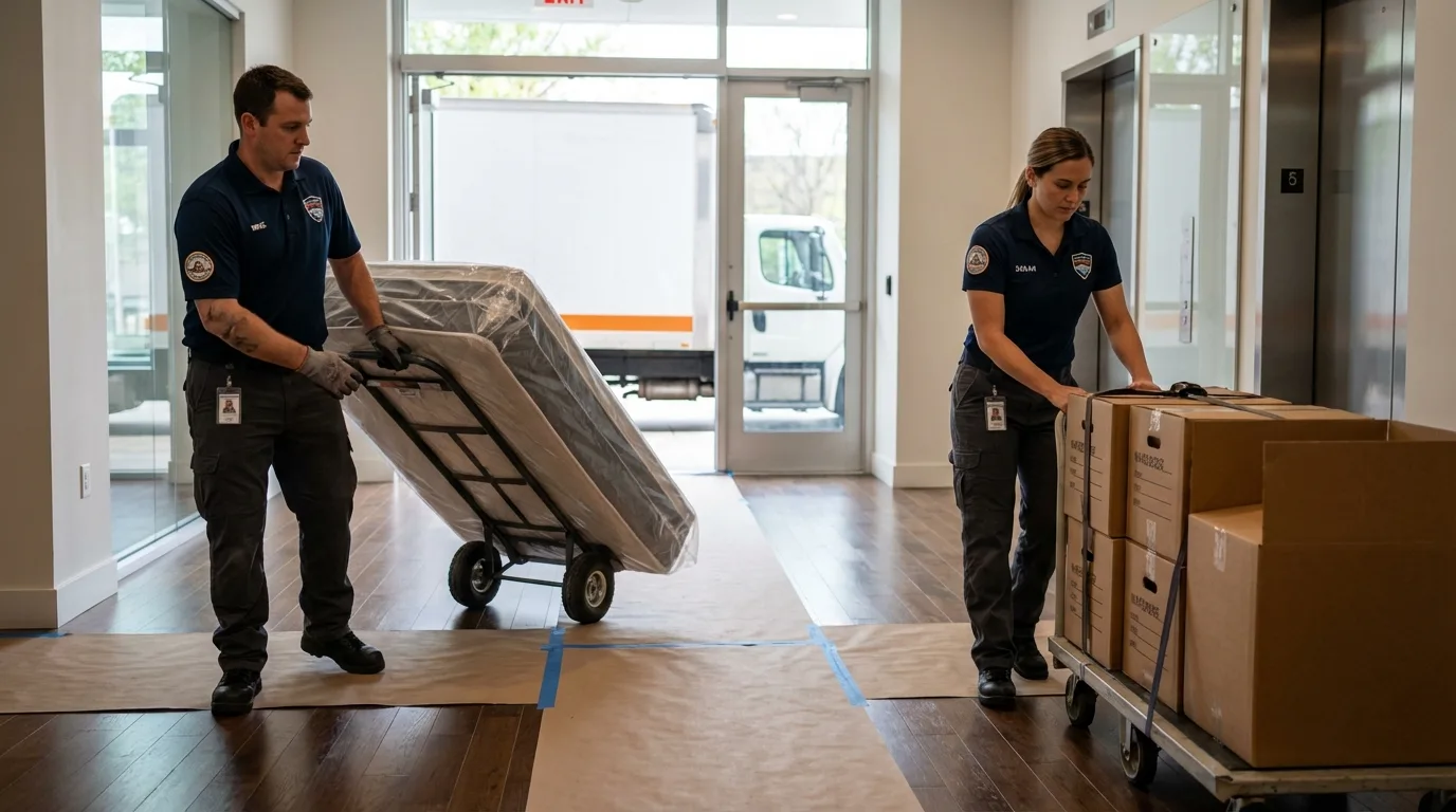 Professional apartment movers loading elevator in Linden, AL